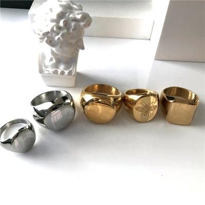 China Fashionable Unisex Gold Janice Seal Ring Stainless Steel Blank High Quality Polishing Neutral Engraving Customized for sale