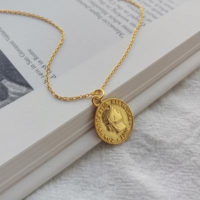 China Vintage S925 Vintage Silver Round Vintage S925 Old Gold Coin Portrait Necklace Pendant Jewelry 16MM Sterling Silver Dangle Old Coin Necklace Women for sale