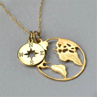 China Personalized World Map Stainless Steel 18k Gold & Stainless Steel Compass Necklace Wanderlust Gift Traveler Pendant Jewelry for sale