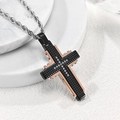 China 2021 New Fashion TRENDY Men's Cross Necklace Black And Rose Gold Plated Pendant Jewelry for sale