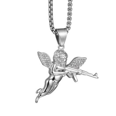 China Hiphop HIPHOP Jewelry Titanium Steel Gold Plated Diamond Set 3d Revenge Angel Casting Pendant Necklace for sale