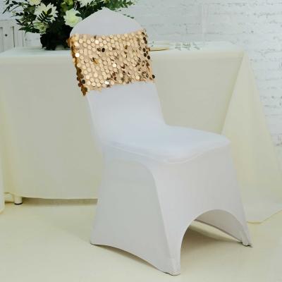 China Universal Factory Sequin Chair Cover Banquet Chair Half Back Cover Polyester Wholesale Reusable Universal Sequin Chair Cover for sale