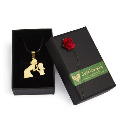 China Fashion Mothers Day Gifts Special Black Leather Stainless Steel Jewelry Chain Gold Plated Mom Baby Pendant Necklace for sale