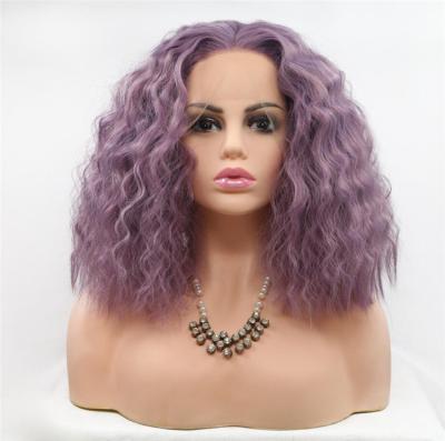 China Short Wavy Light Purple Women's Wigs Heat Resistant Synthetic Kinky Curly Wigs For African American Women Lace Frontal Wigs for sale