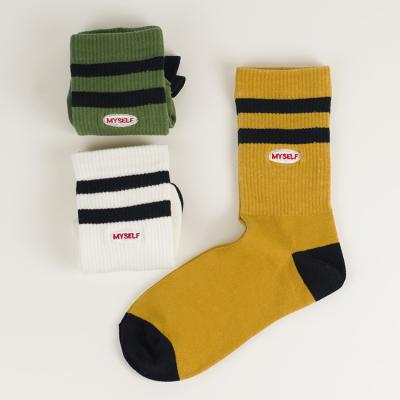 China Wholesale QUICK DRY 2021YL Autumn Custom Logo Two Striped Sports Crew Cotton Embroidery Letters Words Tube Socks Unisex Sockd Socks for sale