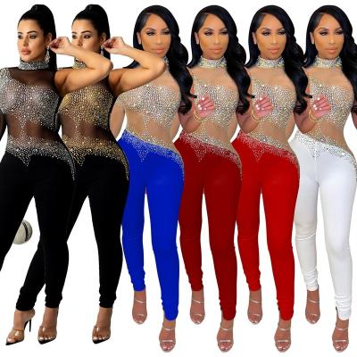 China Lady's Anti-pilling Women's Elegant Rhinestones Mesh Patchwork One Shoulder Sexy Jumpsuits for sale