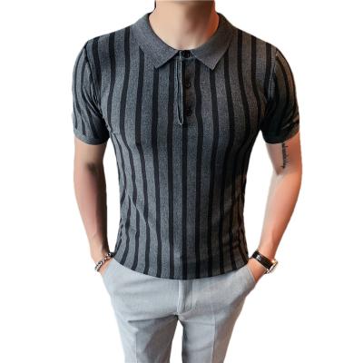 China 2022 New Men's Short Sleeve Lapel Men's T-shirt Custom Button Polo T-Shirt Striped Casual Anti-Shrink for sale