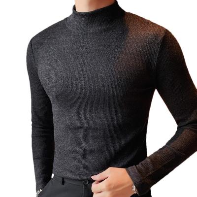 China Anti-wrinkle 2022 new spring men fashion tees slim tops male stretch solid color elasticT-shirt tight long sleeve tees high collar je for sale