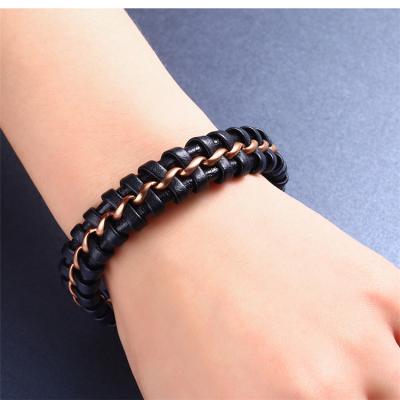 China RS20JBC59 Fashion Silver Titanium Stainless Steel Magnetic Clasp Chain Braided Bracelet Genuine Leather Men for sale