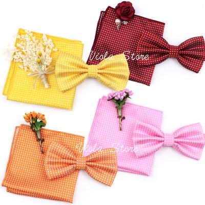 China Fashion 3 PCS Dot Bow Tie Set Men Wedding Groom Bright Colorful Brooch Pin Butterfly Pocket Square Party Birthday Gift Scarf Accessory for sale