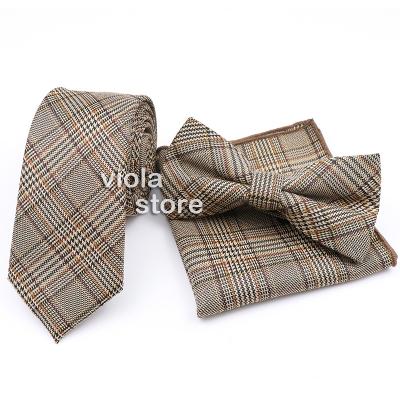 China Wool 6cm Fashion Plaid Tie Bowtie Hanky ​​Set Brown Navy Gray Men Suit Office Daily Scarf Classic Striped Warm Party Plaid Accessory Gift for sale