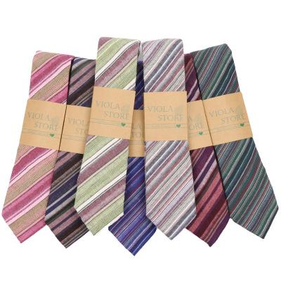 China Novelty Hot Niche Weird Gentleman Striped 6.5cm Cotton Tie Brown Red Purple Classy Men Party Dinner Leisure Suit Neckerchief Daily Accessory for sale