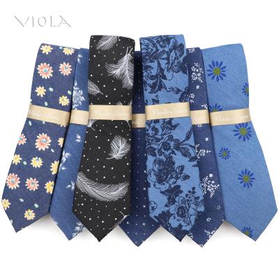 China Fashion Denim Feather Blue Black Floral Print 7cm Soft Cotton Tie Wedding Daily Casual Dress Tuxedo Gift Men Scarf Accessory for sale