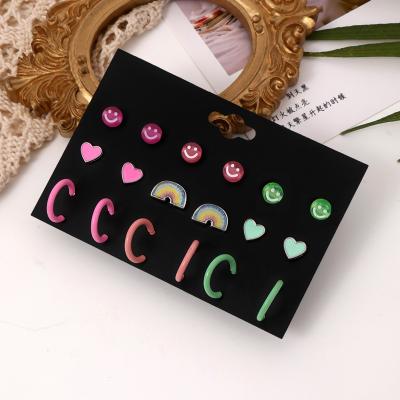 China 6 Pairs FASHIONABLE 2023 Hypoallergenic Rainbow Smile Circle Face Earrings Combination Candy Color Earrings for sale