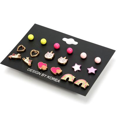 China FASHIONABLE 9 Pairs Children Acrylic Oil Color Drop Kitten Student Earrings Combination ea for sale