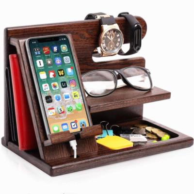 China Adjustable Wood Phone Docking Station Key Holder Wallet Watch Organizer Stand Desktop desk wood mobile phone holders stand for sale