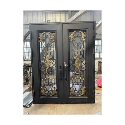 China Modern High Quality Glass Fancy Door Wrought Iron Entry Double Wrought Iron Main Doors for sale