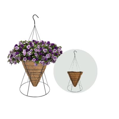 China Outdoor Plant Pot 14inch Cone Cocos Basket With Stand And Hanger Hanging Planter Pot Baskets Decoration Flower Basket PE Coated Shape Custom Steel for sale