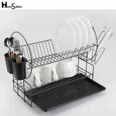 China 2018 Sustainable 3 In 1 Cutlery 2 Tier Collapsible Dish Drying Rack Black With Draining Tray for sale