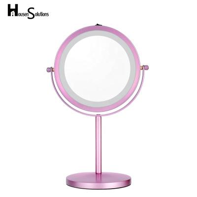 China Hollywood Convenient Lit Makeup Magnifying Mirror Stand Around Portable Mirror Cosmetic Mirror With Battery for sale