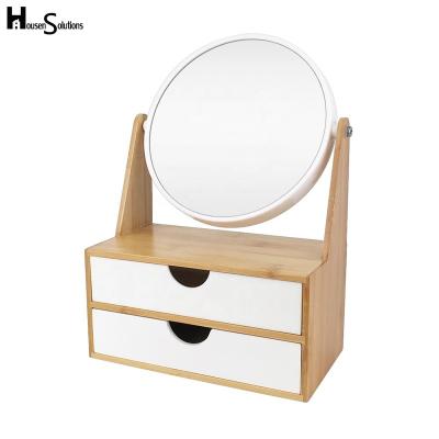 China Simple Plastic Bamboo Frame Dresser Table Mirror Drawer Makeup Organizer Cosmetic Mirror for sale