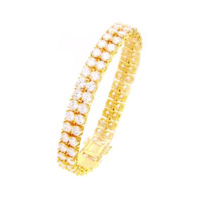 China Wholesale Hiphop Fashion Hip Hop Jewelry Mens Row 3A Zircon Chain Bracelets 18K Gold Plated Double Bangle for sale