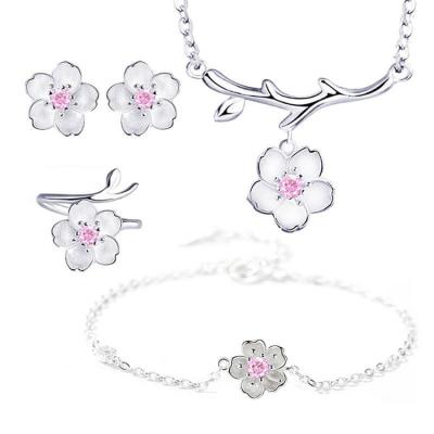 China TRENDY Cherry Blossom Bracelet Ring Girl Jewelry Costume Sister Best Friend Gift Necklace Earring Set for sale