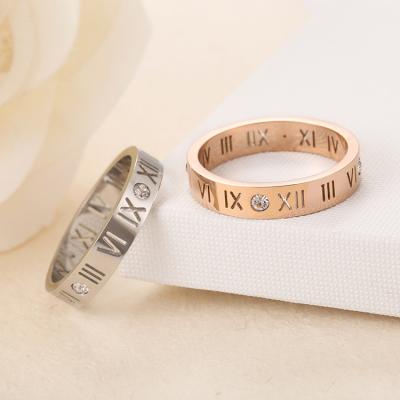 China Punk Titanium Jewelry 18K Rose Gold Diamond Ring Roman Numeral Ring Couple Steel Ring for sale