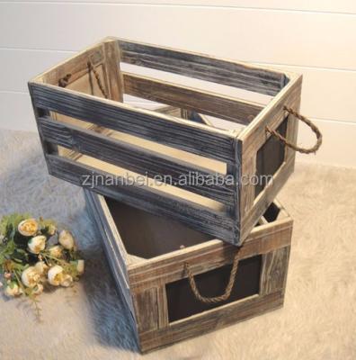 China Recycled Materials Vintage Black Stain Custom Logo Antique Wooden Storage Crate With Rope Handle for sale