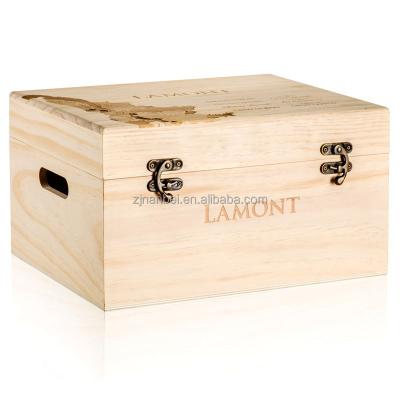 China Recycled Materials Custom Laser Engraved Logo Hinged Wooden 6 Lid Bottle Wine Boxes, Natural Wine Box Wood for sale