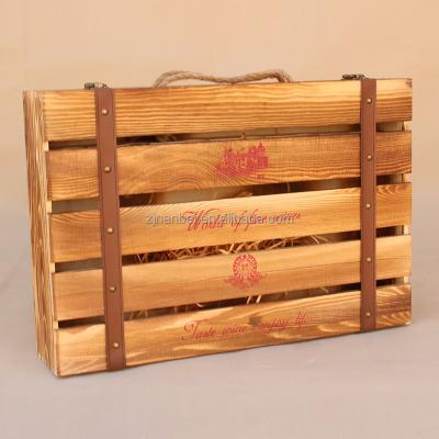 China Recycled Materials Custom Hinged Wood Case 6 Bottle Wood Burning Effect Wine Boxes For Wine Bottle for sale