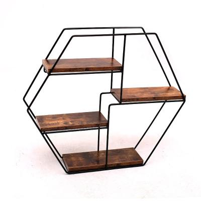 China Rustic Storage Home Decor Metal And Wood Wall Mounting Hexagonal Storage Shelves for sale