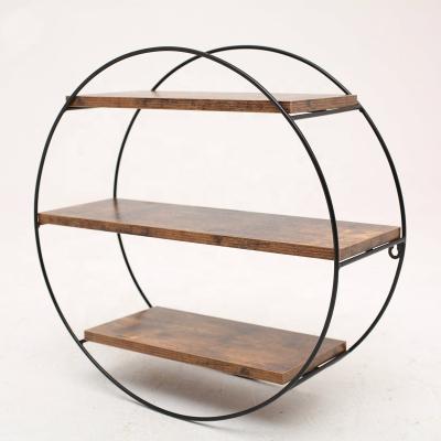 China Rustic Storage Home Decor Metal and Wood Wall Rack Round Storage Shelves for sale