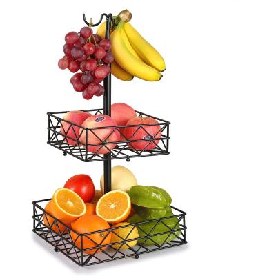 China Kitchen Metal Multifunctional Double Fruit Basket Stocked Vegetable Basket With Removable Square Banana Hook Rack Storage Holder for sale