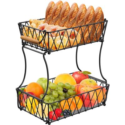 China Desktop decoration stored 2 layers of fruit basket European and American vegetable home vegetable bread bowl double-l wrought iron metal fruit basket for sale