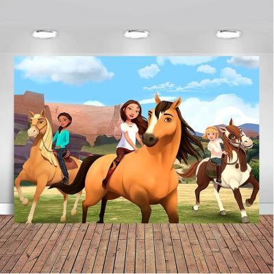 China Birthday Party Cartoon Pony Girl Spirit Riding Happy Party Background Photography Children's Birthday Table Decoration Picture Background for sale