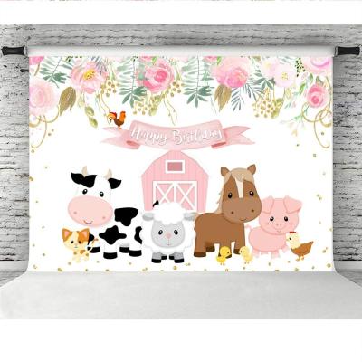 China Cute Birthday Party Pink Farm Animal Birthday Photography Background Farm Flower Princess Girl Birthday Barnyard Theme Background for sale