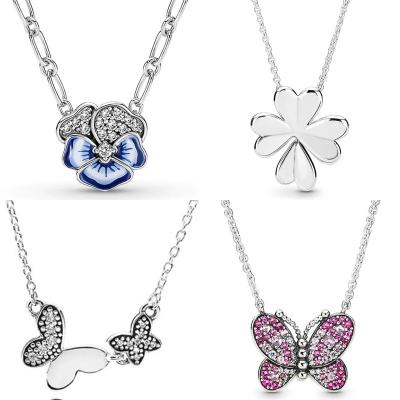 China Hiphop New 925 Sterling Silver Blue Dazzling Pink Butterfly Pansy Flower Clover Pendant Necklace for Popular Bead Charm DIY Jewelry for sale