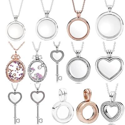 China New 925 Sterling Silver Sparkling Regal Pattern Pink Heart Floating Main Necklace Hiphop Pendants For Popular Bead Charm DIY Jewelry for sale