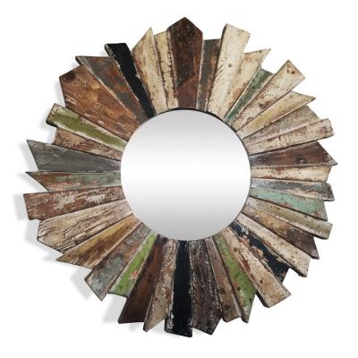 China Antique Rustic Style Sunburst Wooden Decorative Handmade Colorful Wall Framed Mirror for sale