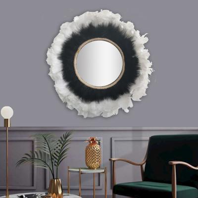 China Round Feather Art Decor European And American Home Decoration Wall Mirror Used In Living Room Bedroom for sale