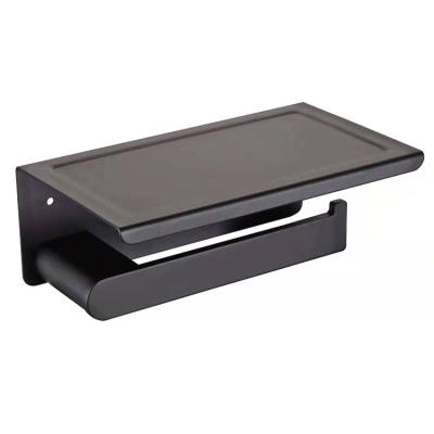 China Black Wall Mounted Tissue Hanger 304 Stainless Steel Toilet Paper Holder With Mobile Phone Shelf for sale