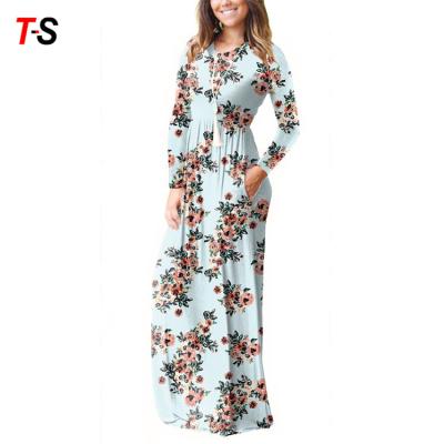 China Europe and America New Spring Style Explosive Printed Maxi Dress Round Neck Pocket African Women's Clothing Dress for sale