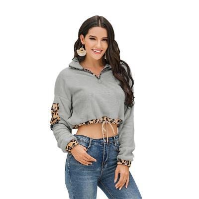 China Autumn New Women Fashion Cropped Drawstring Lapel Fuzzy Faux Fleece Leopard Flannel Upper Sweatshirts 2021 Anti-wrinkle for sale
