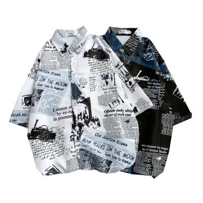 China Breathable Newspaper Printed Hawaiian Beach Shirt For Men 2022 Summer Short Sleeve Shirts Mens Vacation Clothing for sale