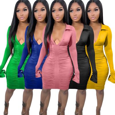 China Anti-wrinkle Autumn Pleated Buttocks Wrapped Dress Solid Color V-Neck Dress For Black Women for sale