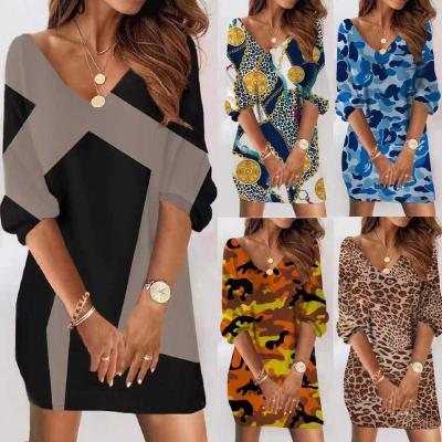 China Anti-wrinkle Spring Autumn Ladies Leopard Cheetah Print Dresses Sexy V-Neck Casual Long Sleeve Dresses Women for sale