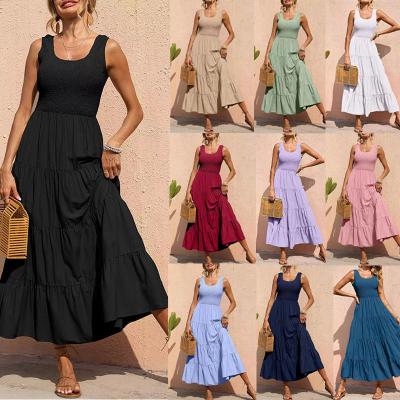 China Anti-wrinkle European American Pleated Patchwork A-Line Large Hem Dress Summer Plus Size Sleeveless Dress for sale