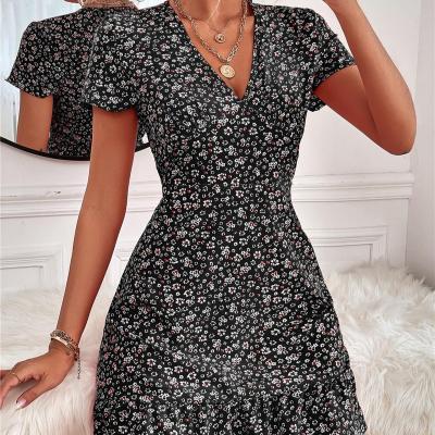 China Anti-wrinkle Summer V Neck Printed Dress Fashion Polka Dot Floral Waistup Dress For Beach for sale