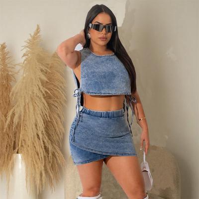 China Anti-pilling European American Tops Short Skirts Two Piece Set Sexy Denim Stretch Short Skirt Set for sale